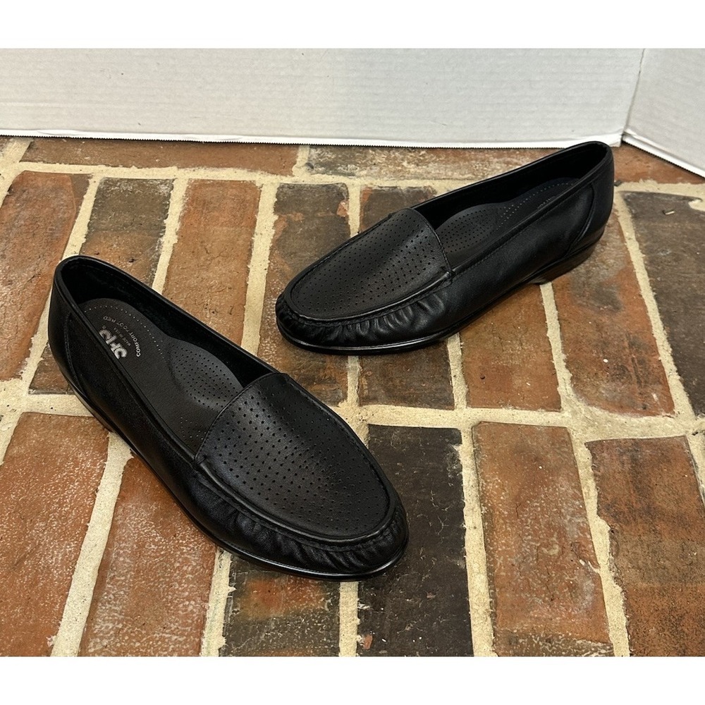 SAS SAVVY Black Leather Slip-on Loafers Tripad‎ Comfort Flats Women 10.5 W Shoes